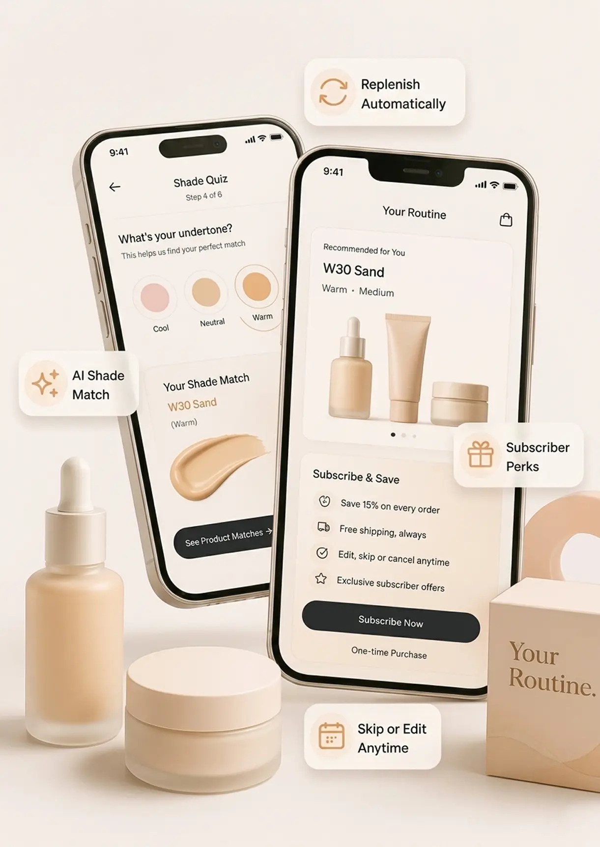 Shade quiz · PDP · Subscription mobile screens