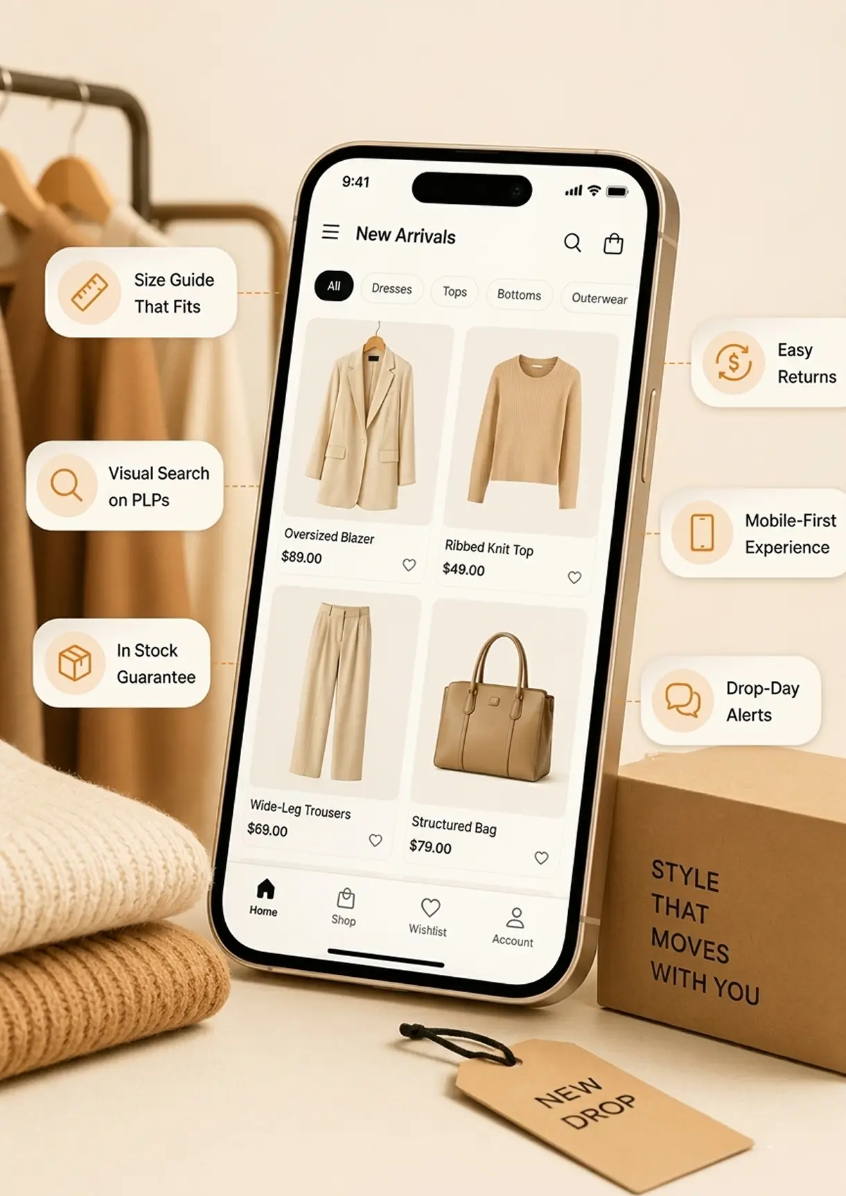 Mobile PLP · Fit guide · Drop-day screens