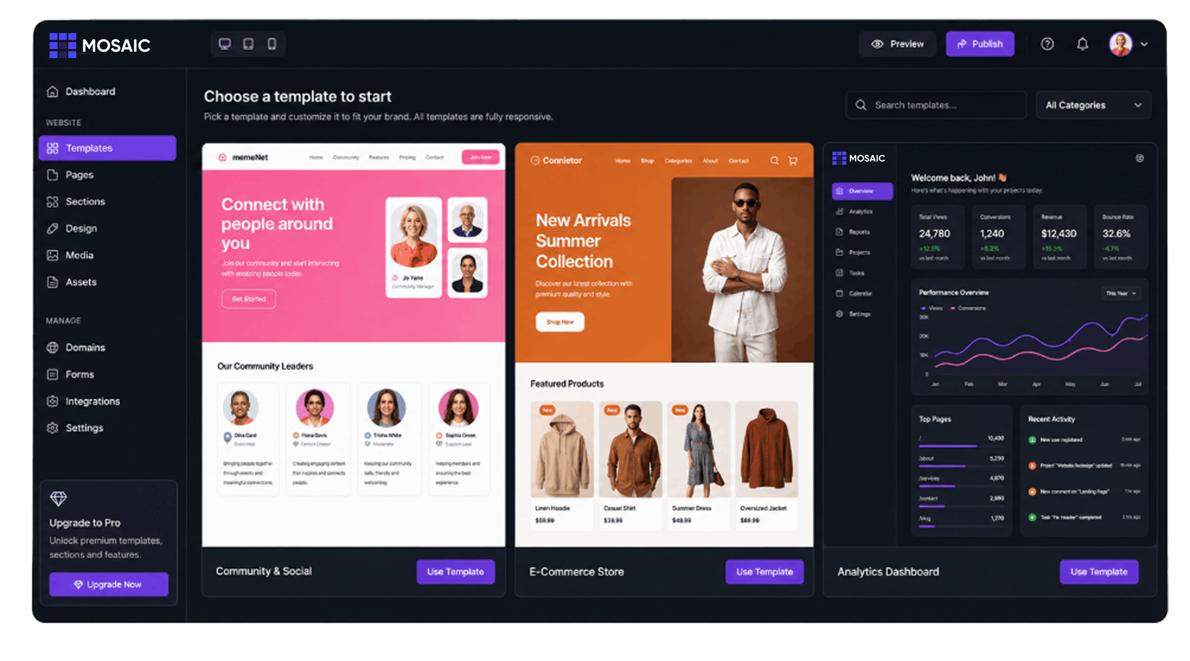 MOSAIC website builder dashboard preview